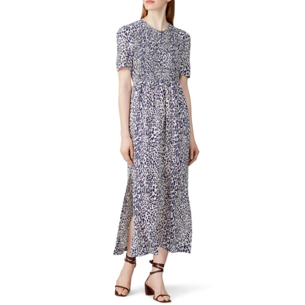 Baum und Pferdgarten ADAMARIS Blue White Leopard Silk Smocked Maxi Dress Size 36